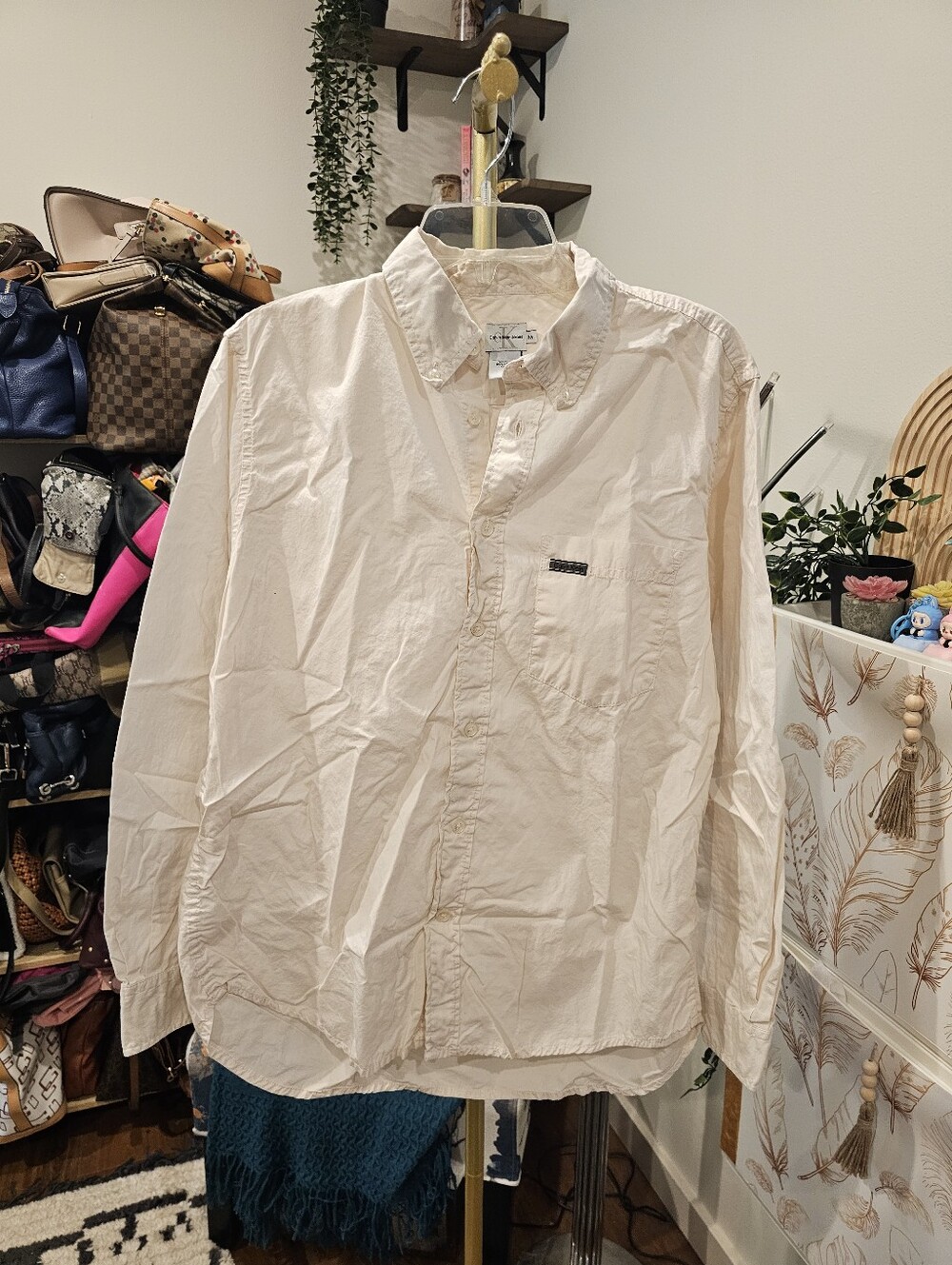 Vintage Calvin Klein Cream Long-Sleeve Button-Down Shirt